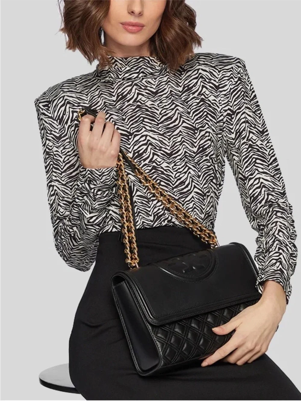 Tory Burch Fleming Quilted Leather Convertible Chain Shoulder Bag Black